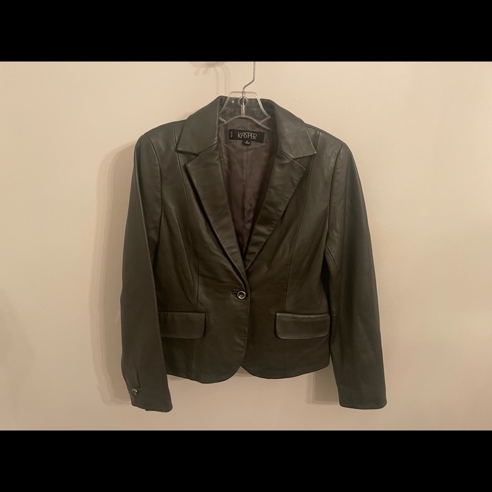 Kasper Petite Size M Steel Gray Fitted Soft Leather Jacket Blazer